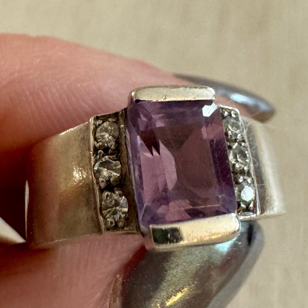 Sterling silver, amethyst and crystal ring. Size 6. - Picture 2 of 6
